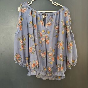 Max Studio Dusty Blue Floral Cold-Shoulder Blouse